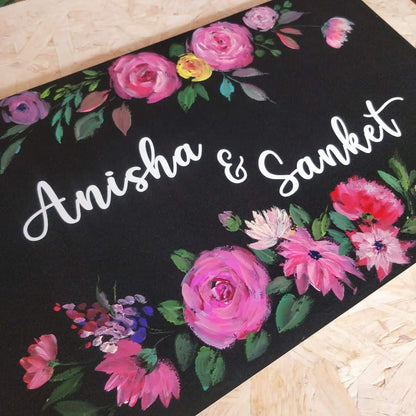 Handpainted Customized Name Plate - Black Floral Name Plate - rangreli