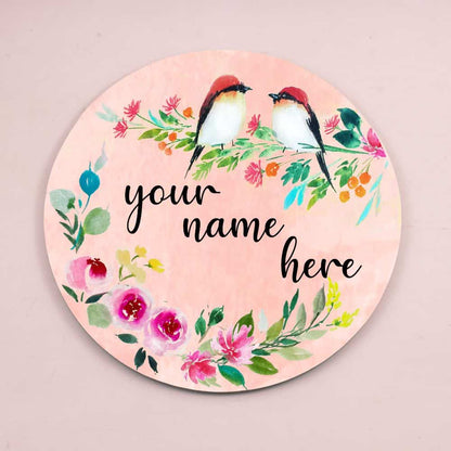 Handpainted Customized Name Plate - Two Perching Birds Floral - rangreli
