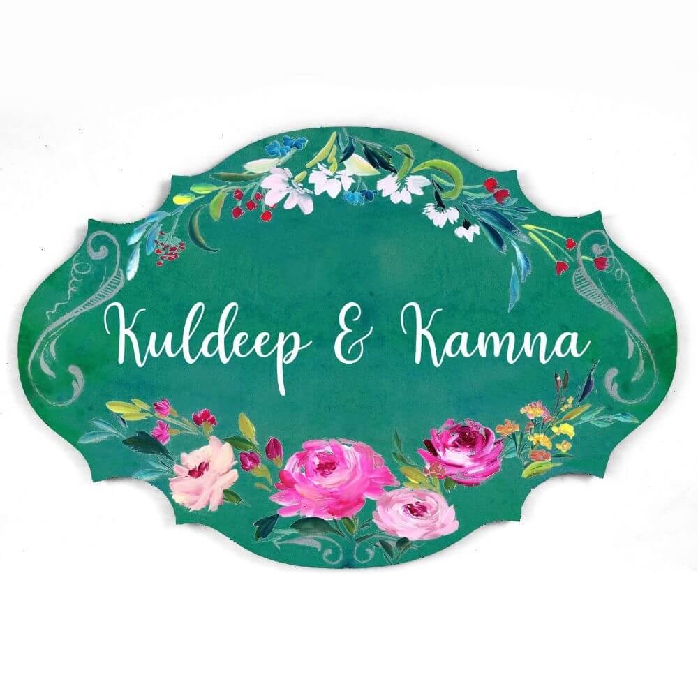Green victorian name plate with hand painted florals
