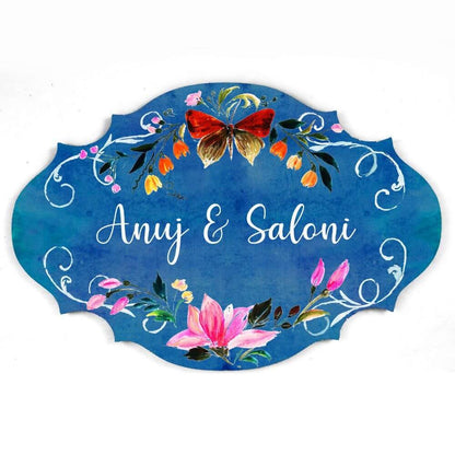 Blue name plate with butterfly