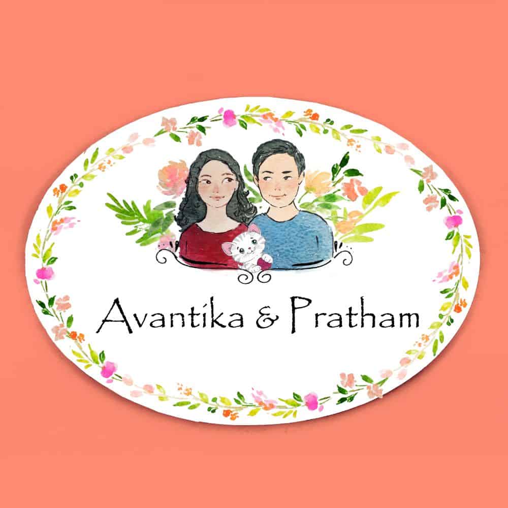 Handpainted Customized Name Plate - Couple with cat Name Plate - rangreli
