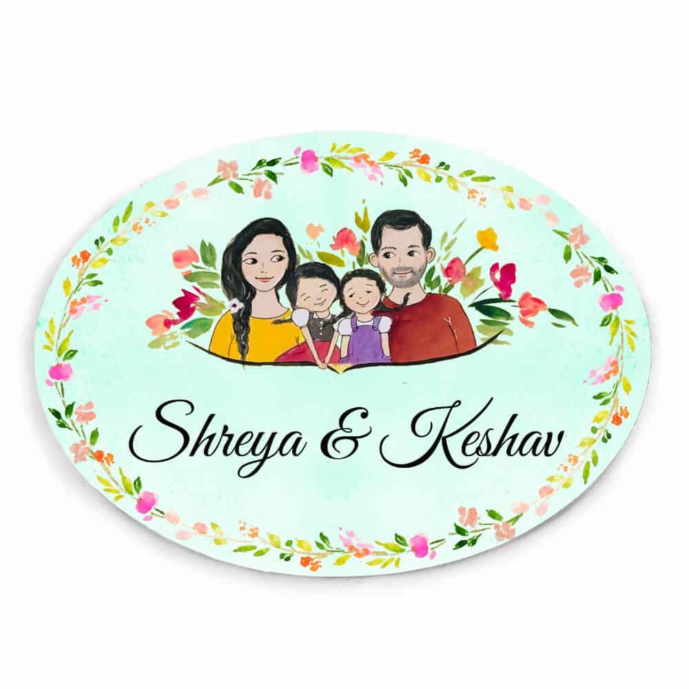 Handpainted Customized Name Plate - Family with two daughters Name Plate - rangreli