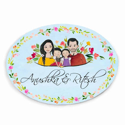 Handpainted Customized Name Plate - Family with two daughters Name Plate - rangreli