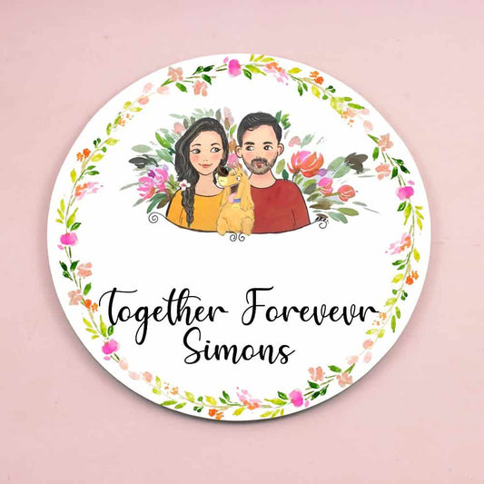 Handpainted Customized Name plate - Couple with Pet Dog Name Plate - rangreli