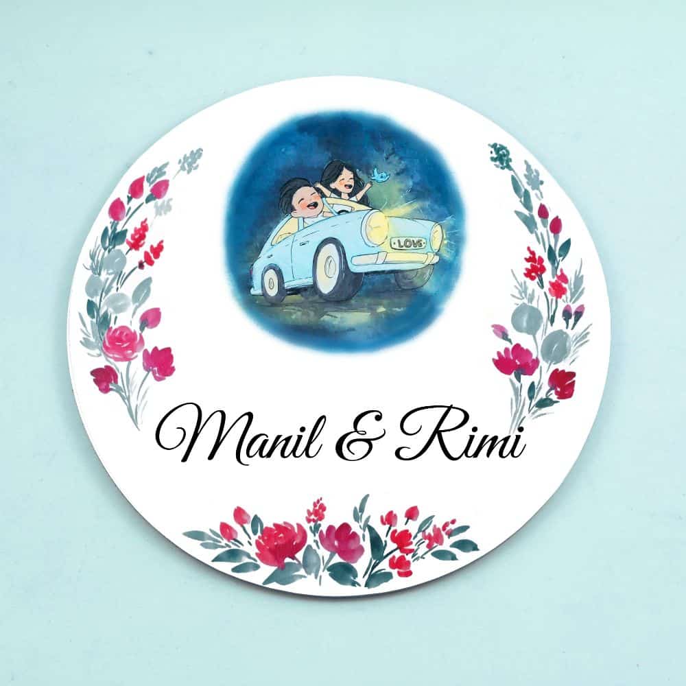 Handpainted Customized Name Plate - Couple in car Name Plate - rangreli