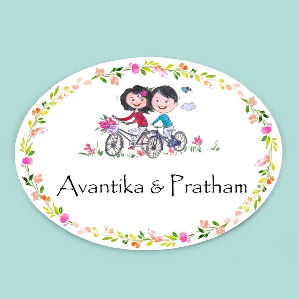 Handpainted Customized Name Plate - Couple on cycle Name Plate - rangreli