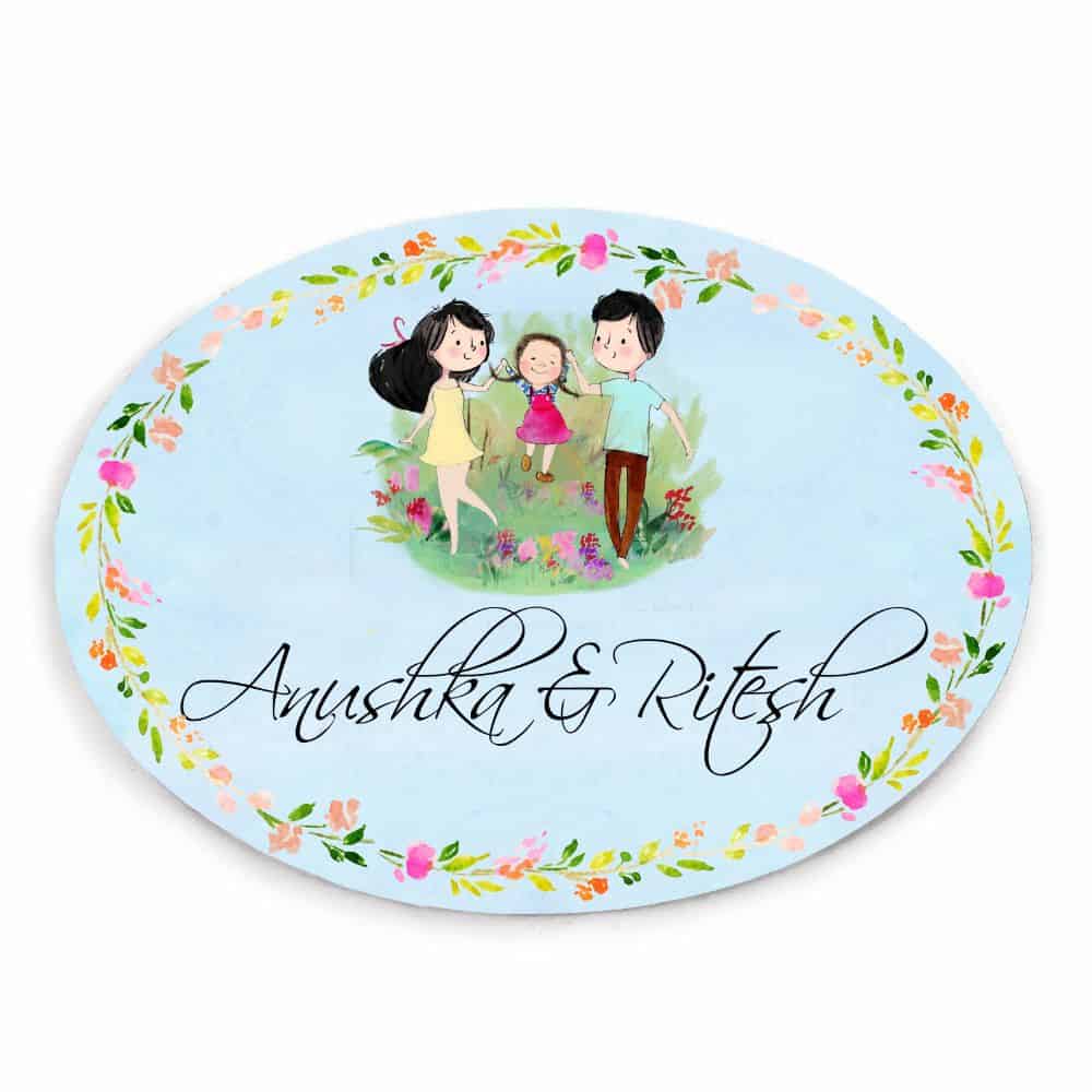 Handpainted Customized Name Plate - Playing Family of 3 Name Plate - rangreli