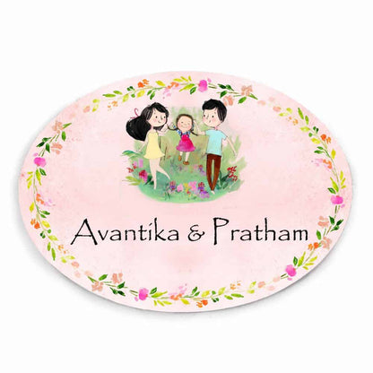 Handpainted Customized Name Plate - Playing Family of 3 Name Plate - rangreli