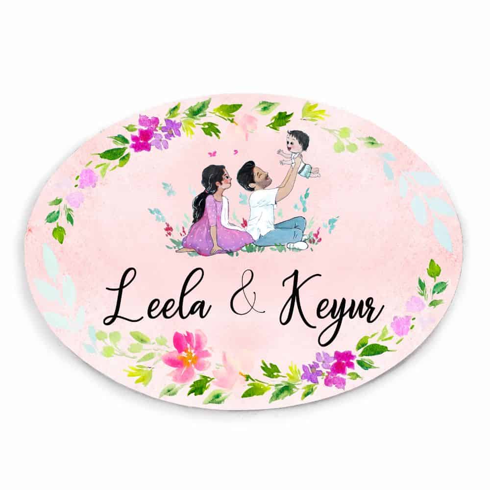 Handpainted Customized Name Plate - Family of 3 playing - rangreli