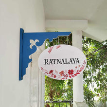 Load image into Gallery viewer, Handpainted Hanging Name plate - Navy Oval White Red Flowers
