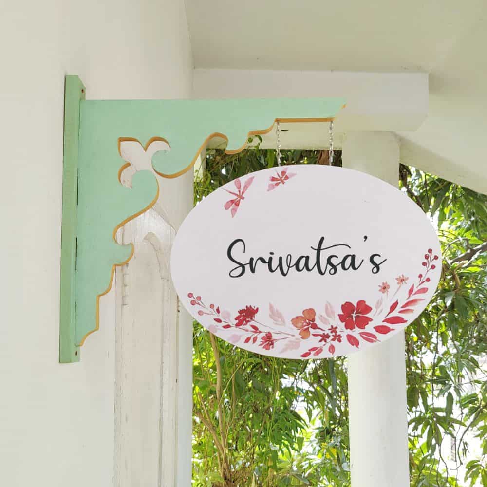 Handpainted Hanging Name plate - Mint Green Oval White Red Flowers