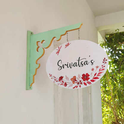 Handpainted Hanging Name plate - Mint Green Oval White Red Flowers - rangreli
