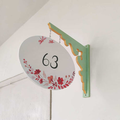 Handpainted Hanging Name plate - Mint Green Oval White Red Flowers - rangreli