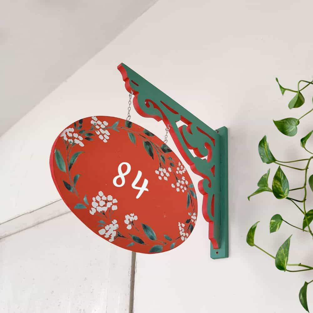 Handpainted Hanging Name plate - Green Red Oval White Flowers - rangreli