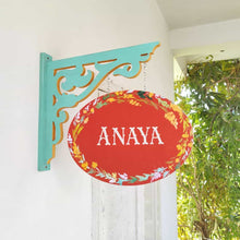 Load image into Gallery viewer, Handpainted Hanging Name plate - Teal Oval Orange Leaves - rangreli
