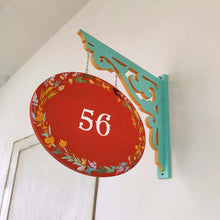 Load image into Gallery viewer, Handpainted Hanging Name plate - Teal Oval Orange Leaves - rangreli
