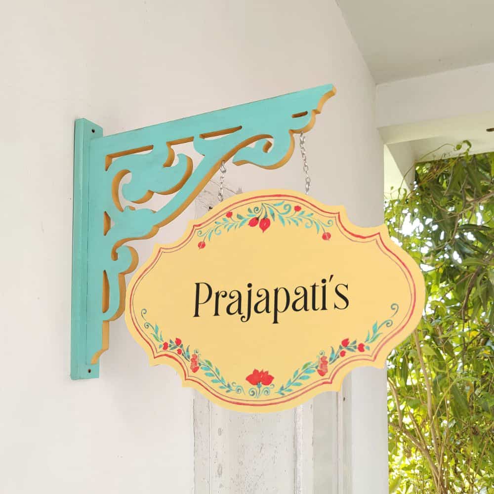 Handpainted Hanging Name plate -Teal Victorian Yellow Red Border - rangreli