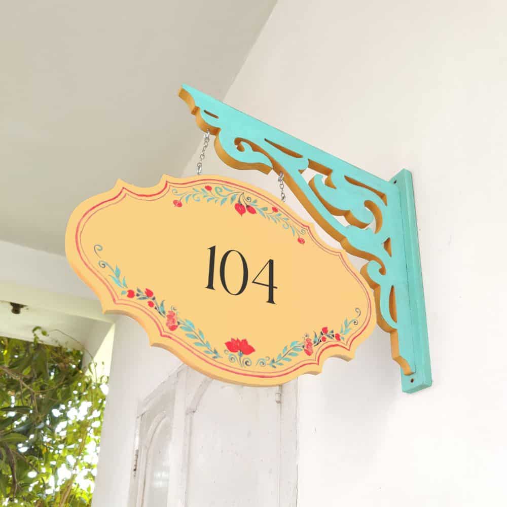 Handpainted Hanging Name plate -Teal Victorian Yellow Red Border - rangreli