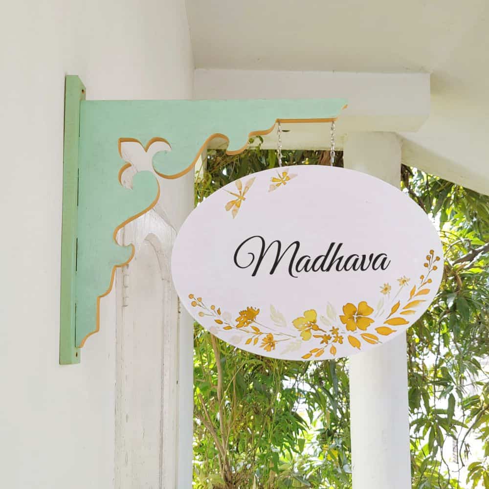 Handpainted Hanging Name plate - Mint Green Oval White Yellow Flowers - rangreli