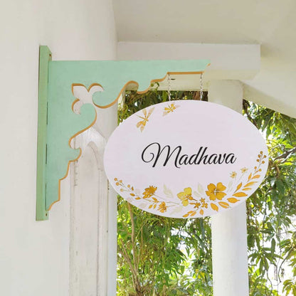 Handpainted Hanging Name plate - Mint Green Oval White Yellow Flowers - rangreli