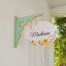 Load image into Gallery viewer, Handpainted Hanging Name plate - Mint Green Oval White Yellow Flowers

