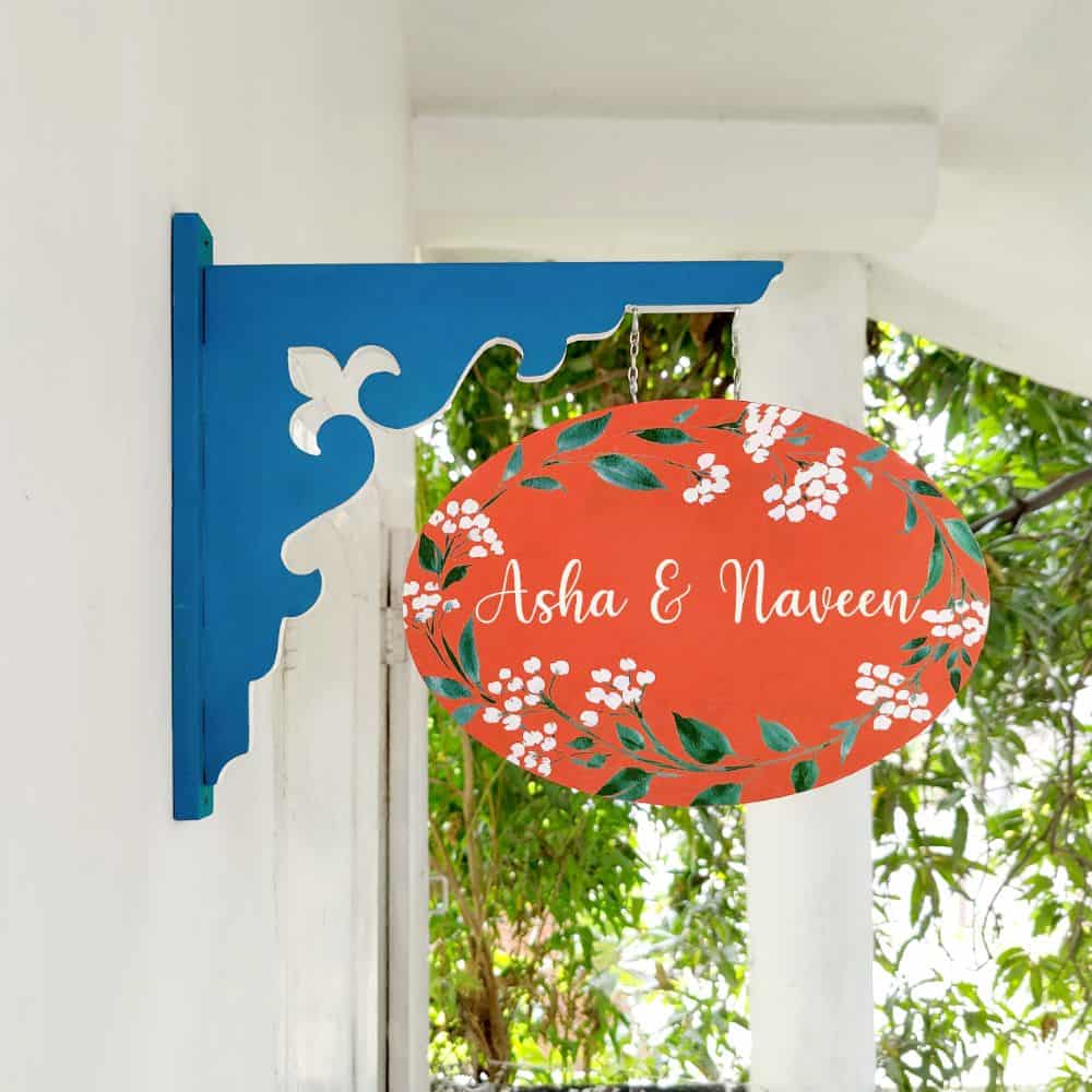 Handpainted Hanging Name plate -Navy Oval Red White Flowers - rangreli