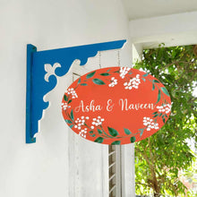 Load image into Gallery viewer, Handpainted Hanging Name plate -Navy Oval Red White Flowers - rangreli
