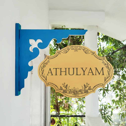 Handpainted Hanging Name plate - Navy Victorian Yellow Black Border - rangreli