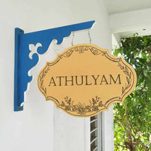 Load image into Gallery viewer, Handpainted Hanging Name plate - Navy Victorian Yellow Black Border

