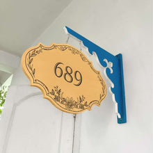 Load image into Gallery viewer, Handpainted Hanging Name plate - Navy Victorian Yellow Black Border
