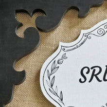 Load image into Gallery viewer, Handpainted Hanging Name plate - Ivory Victorian with Graphite Black Bracket
