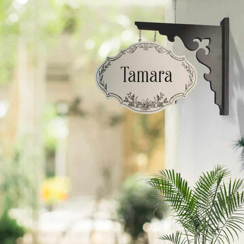 Handpainted Hanging Name plate - Ivory Victorian with Graphite Black Bracket - rangreli