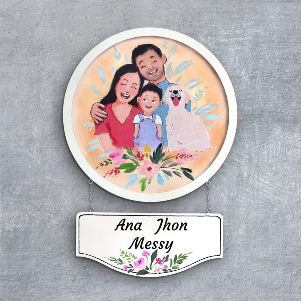 Handpainted Personalized Character Family Nameplate with pet- Full frame