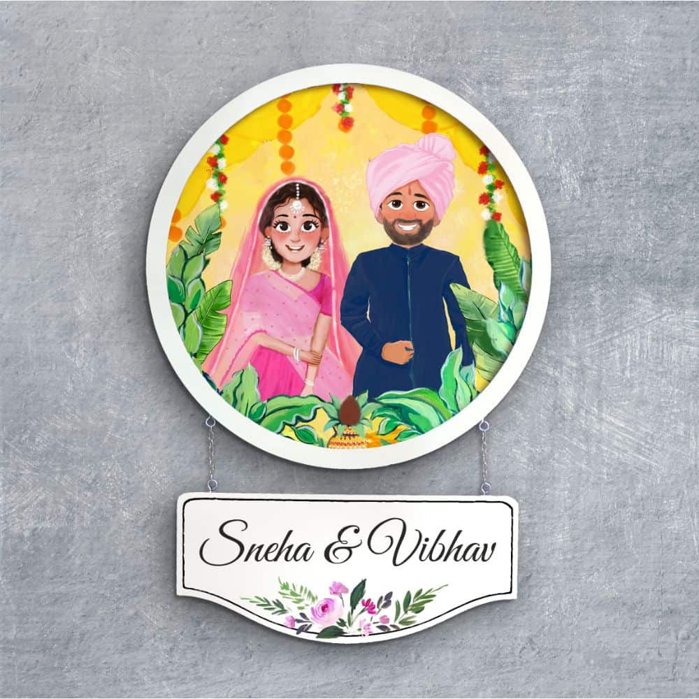 Handpainted Personalized Character  Wedding Couple Nameplate - Full frame - rangreli