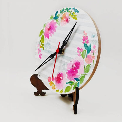 Grey Strips Floral Table Clock - rangreliart