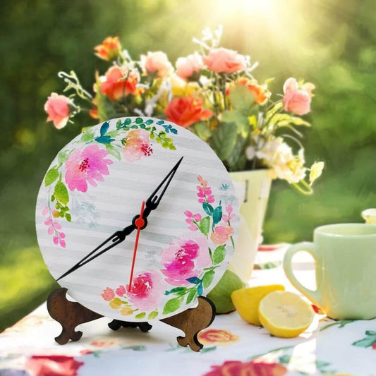 Grey Strips Floral Table Clock - rangreliart