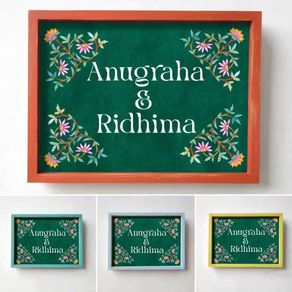 Printed Framed Name plate -  pink and green - rangreli