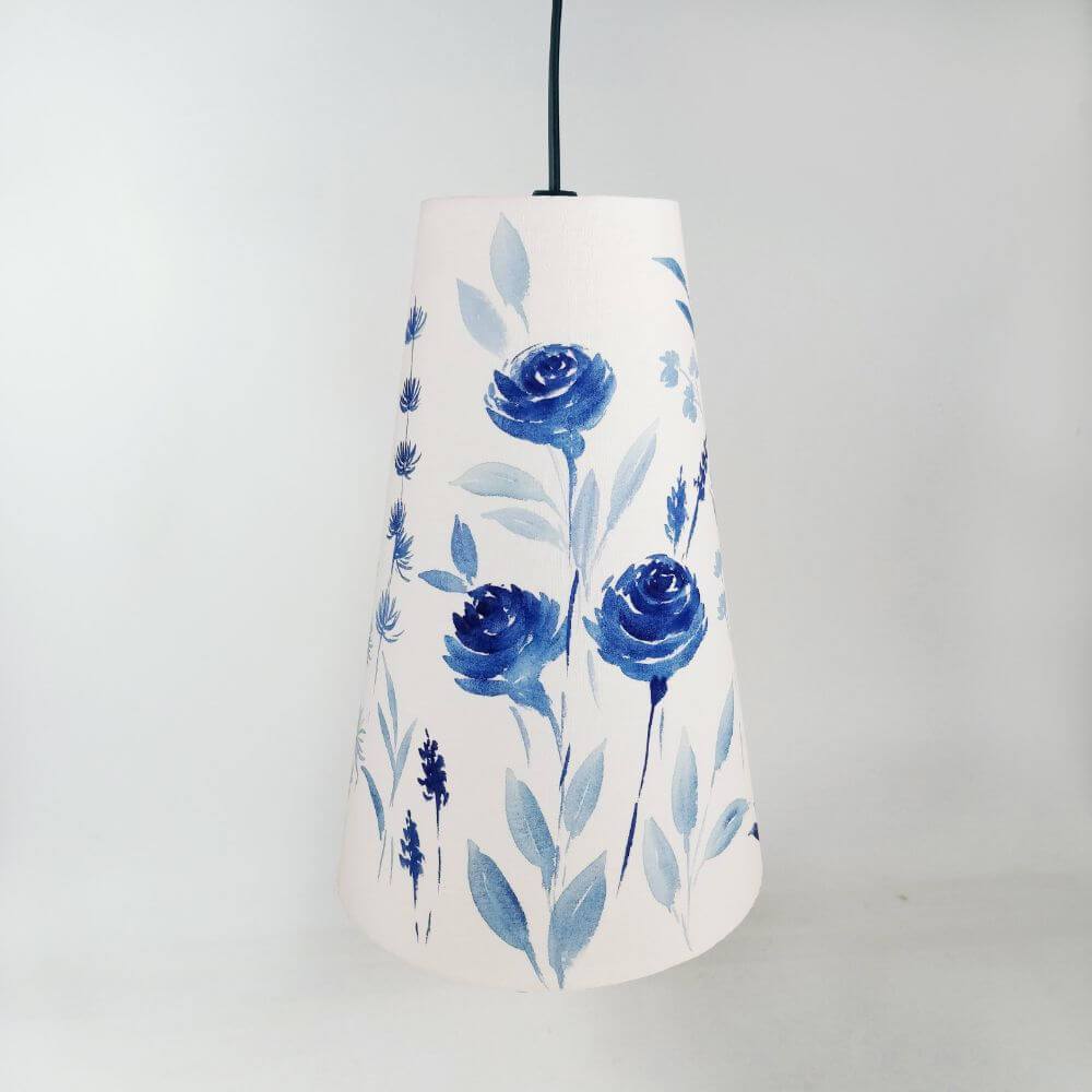 Long Cone Pendant Lamp - Blue Monochrome Floral | Rangreli