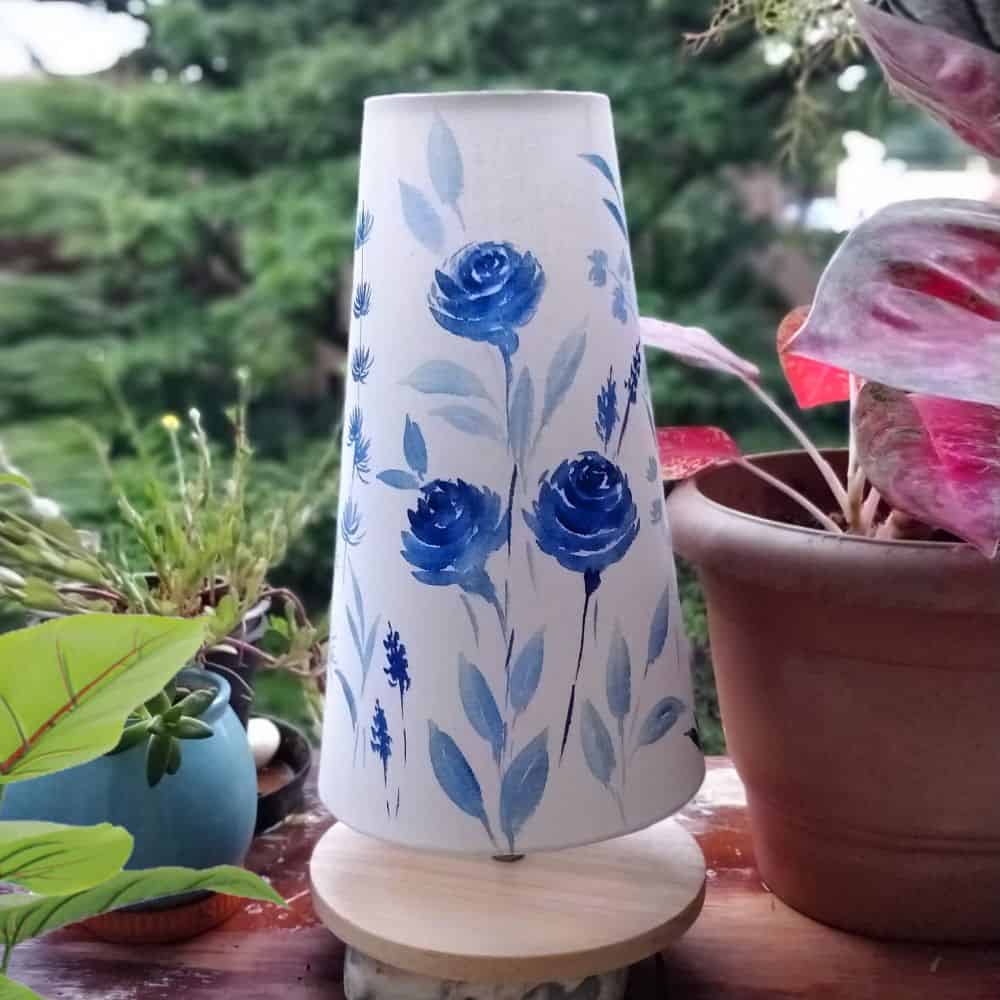 Long Cone Table Lamp - Blue Monochrome Flowers Lamp Shade