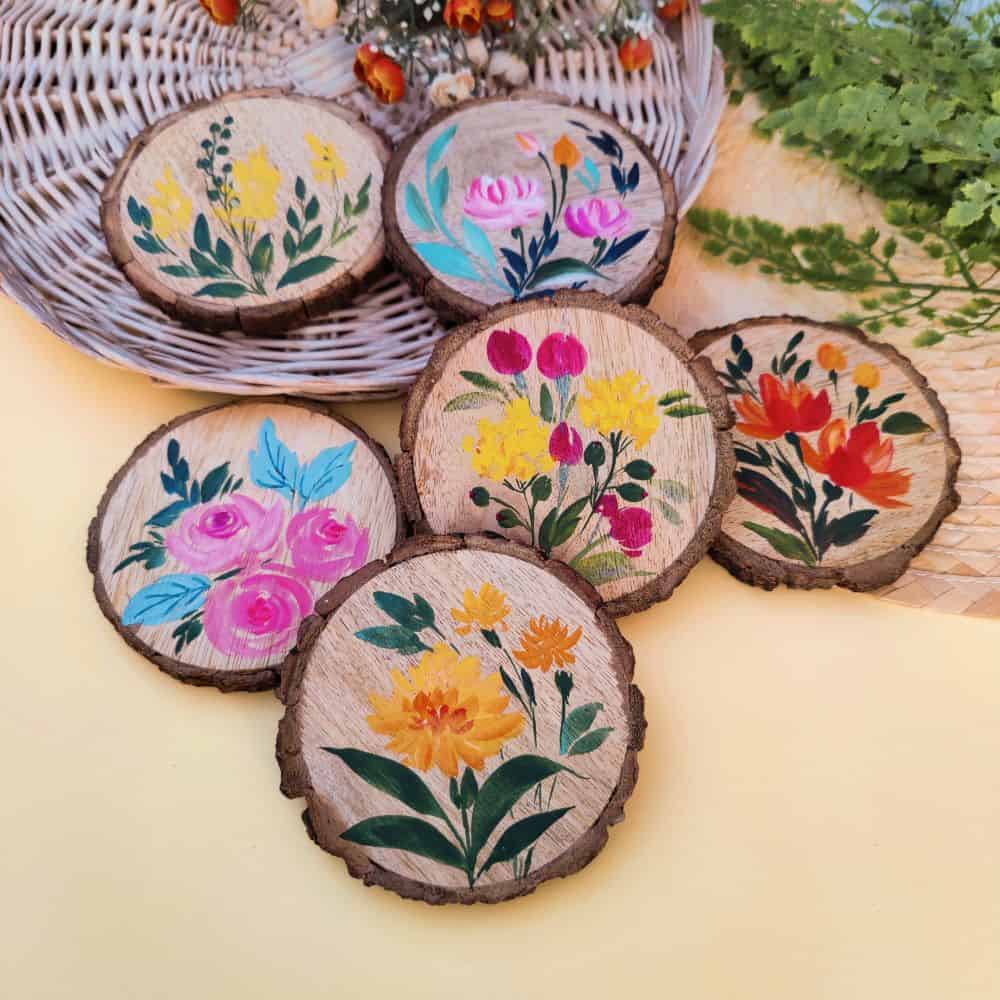 Set of 6 Bark Coasters - Floral Set 1 - rangreli