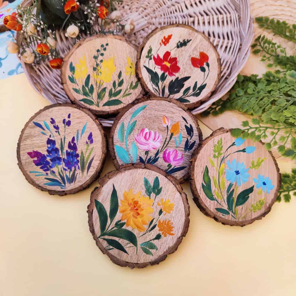 Set of 6 Bark Coasters - Floral Set 4 - rangreli