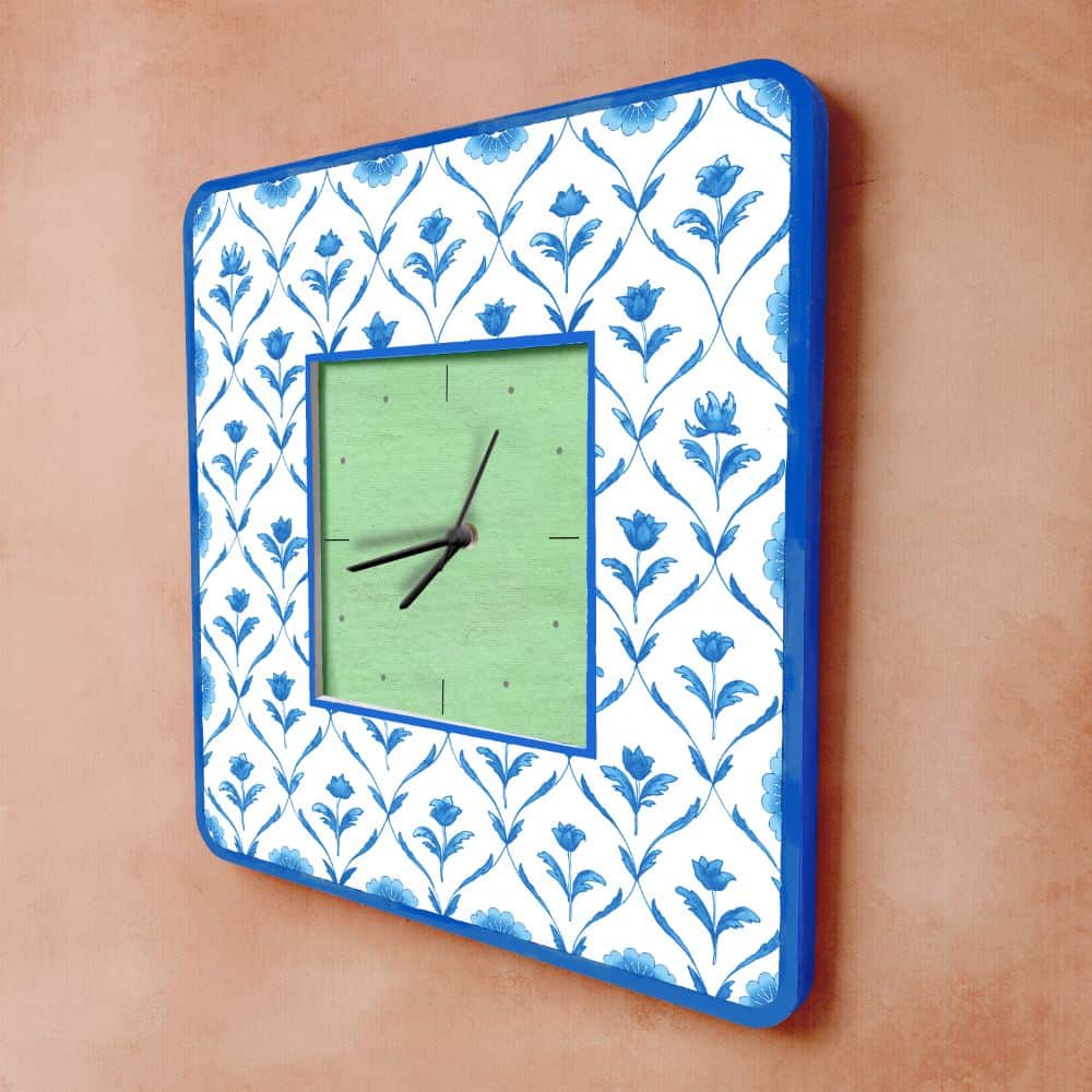 Modern Artistic Wall clock - blue monochrome roses - rangreli