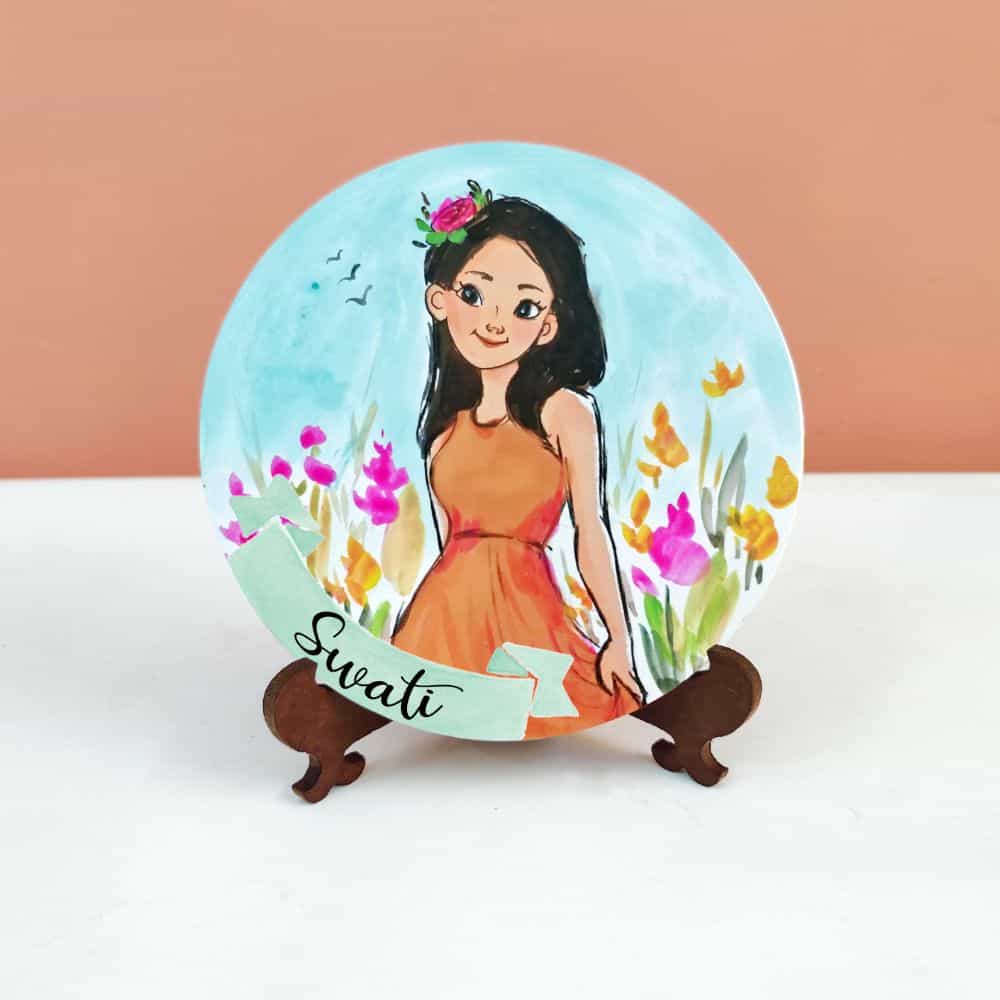 Handpainted Character Table Art - Girl with flower - rangreli