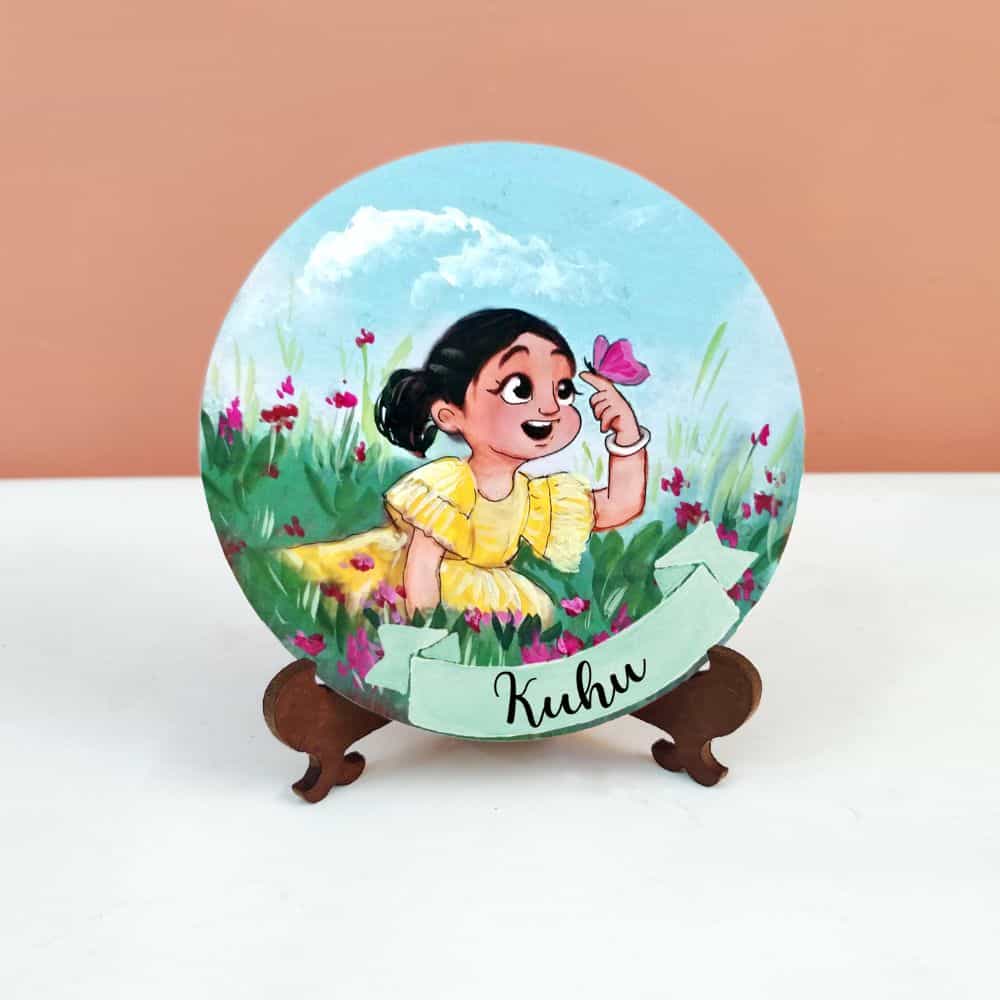 Handpainted Character Table Art - Kid and Butterfly