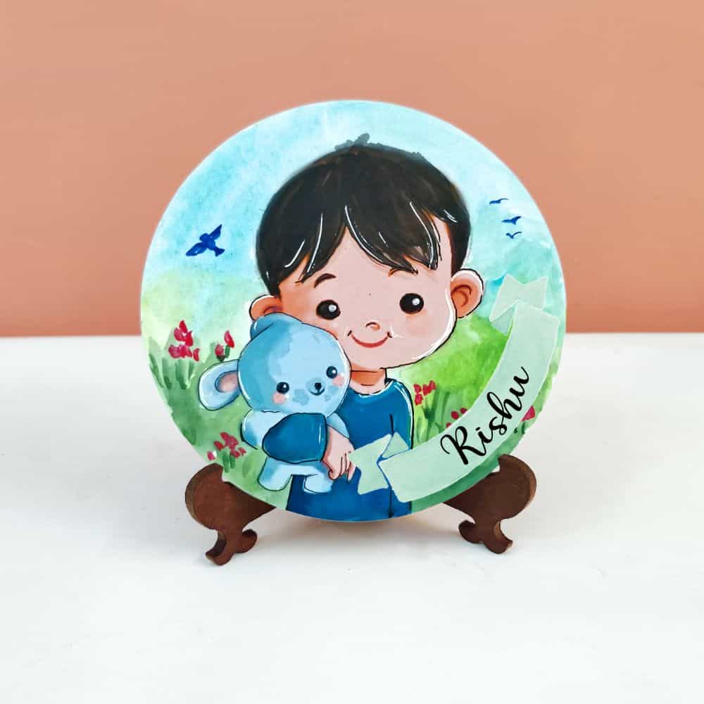 Handpainted Character Table Art - Kid and Teddy