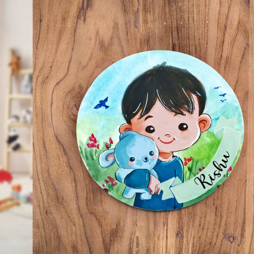 Handpainted Character Table Art - Kid and Teddy - rangreli