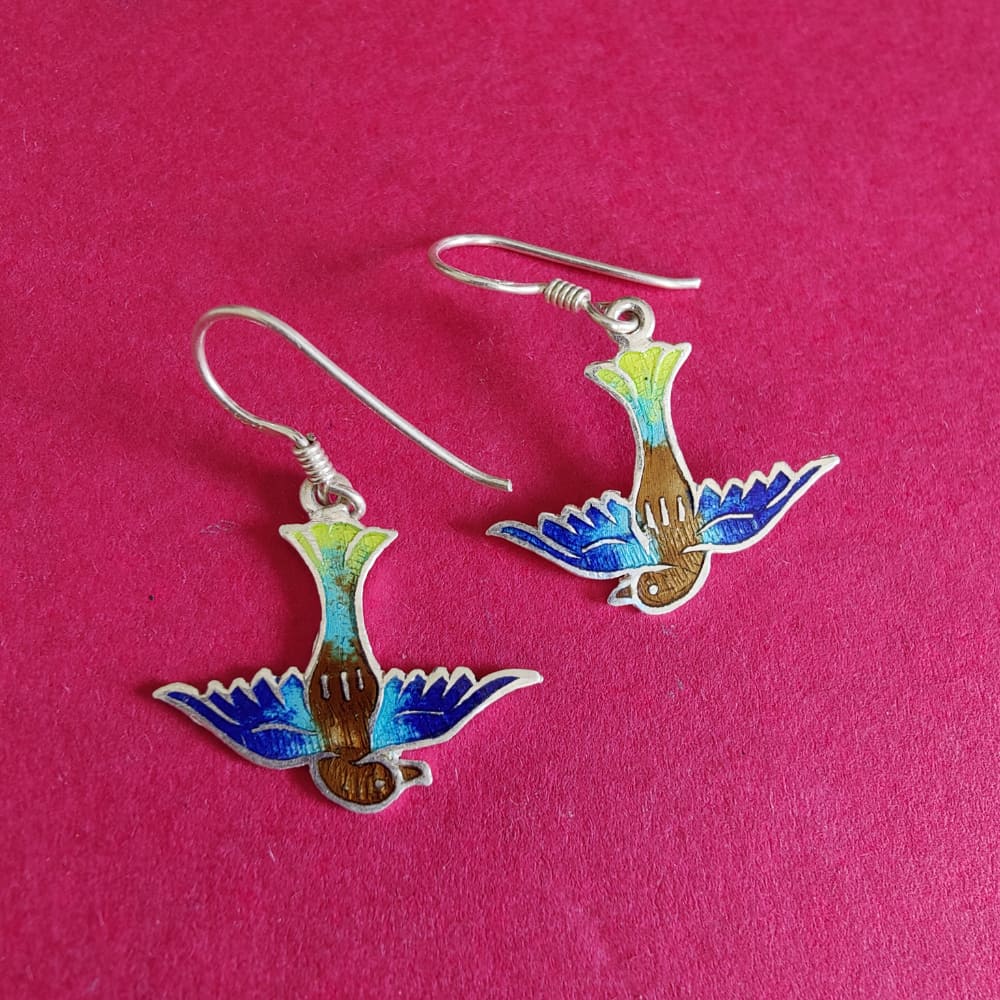 Silver Meenakari Earrings - Bird - rangreli