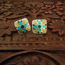 Load image into Gallery viewer, Silver Meenakari Square Studs -Flowers

